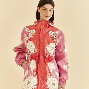 FARM Rio Pink and Red Floral Ski Jacket. Raincoat. Can cinch in waste. NWT